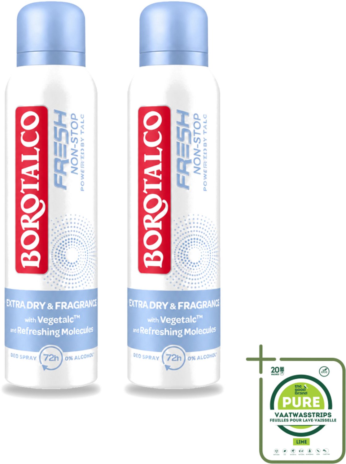 2 x Borotalco – Deodorant Spray – Fresh Non-Stop – 150 ml - Grootverpakking - Vaatwasstrips - Frisheid - Zweetbestendig - Menthol - Koel Gevoel - Deodorant Spray