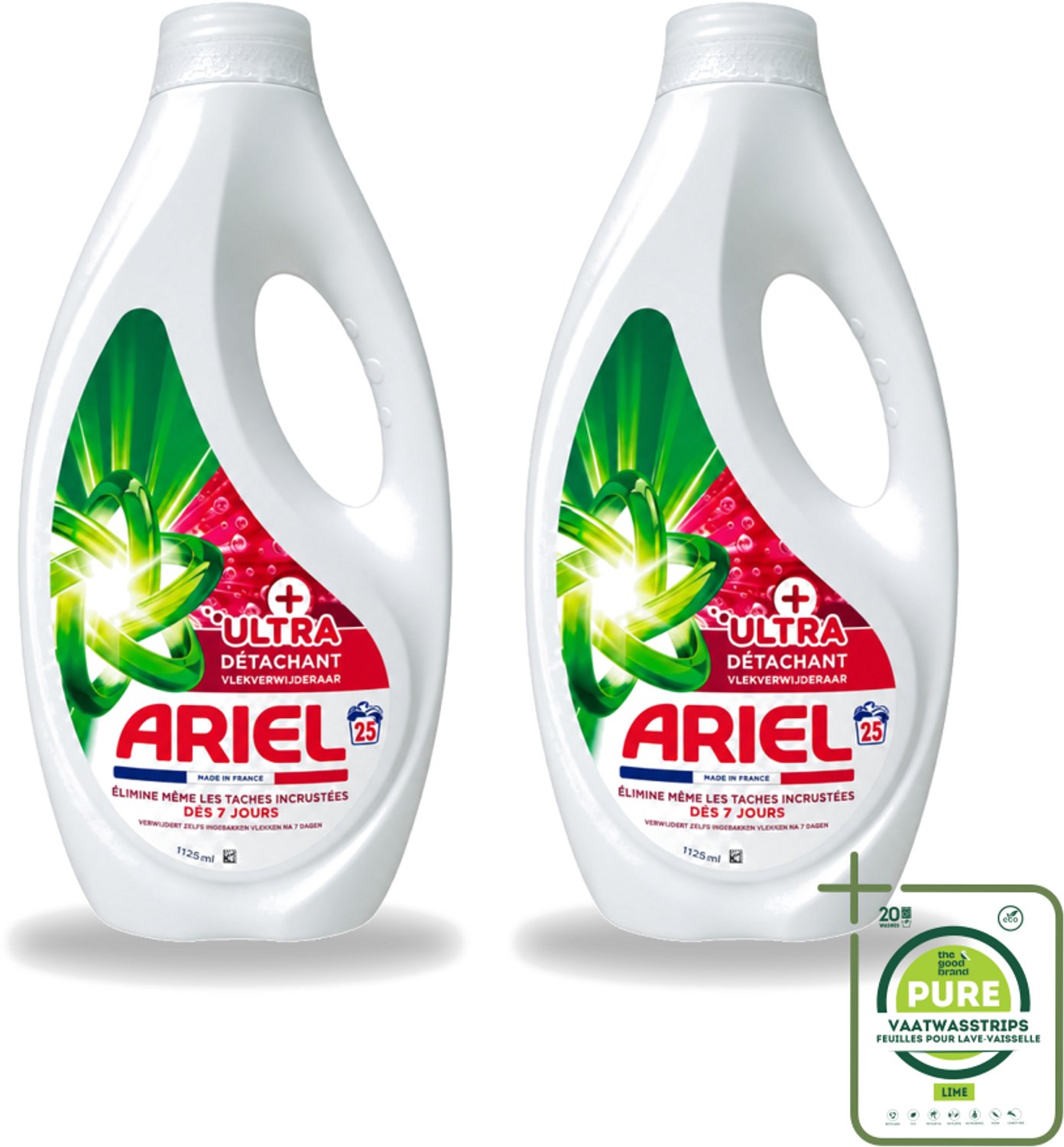 2 x Ariel – Vloeibaar Wasmiddel – Ultra Vlekverwijderaar – 1125 ml – 25 wasbeurten - Grootverpakking - Vaatwasstrips - Vlekverwijderaar - Wasmiddel - Vloeibaar Wasmiddel - Krachtige Vlekverwijdering - Ingedroogde Vlekken
