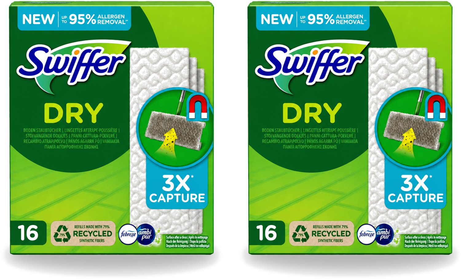 2 x Swiffer – Vloerdoekjes – Dry Navullingen – 16 doekjes - Voordeelverpakking - 2 stuks