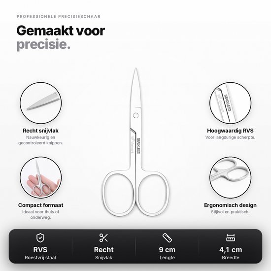 Viamart precisieschaar van RVS met recht snijvlak, 9 cm lang. Toont details van het design en de roestvrijstalen afwerking.