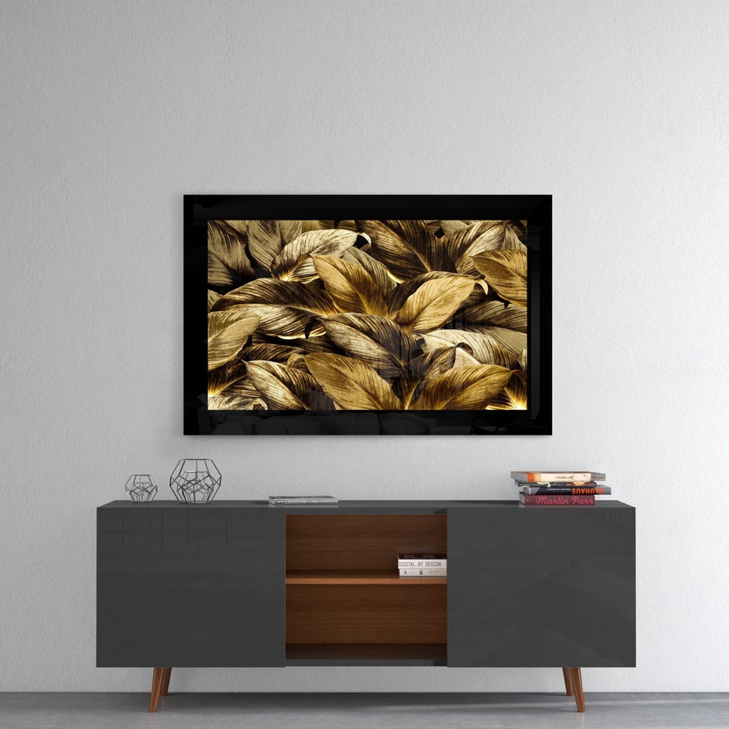 Glasschilderij – Gouden Bladeren – Artistieke Wanddecoratie