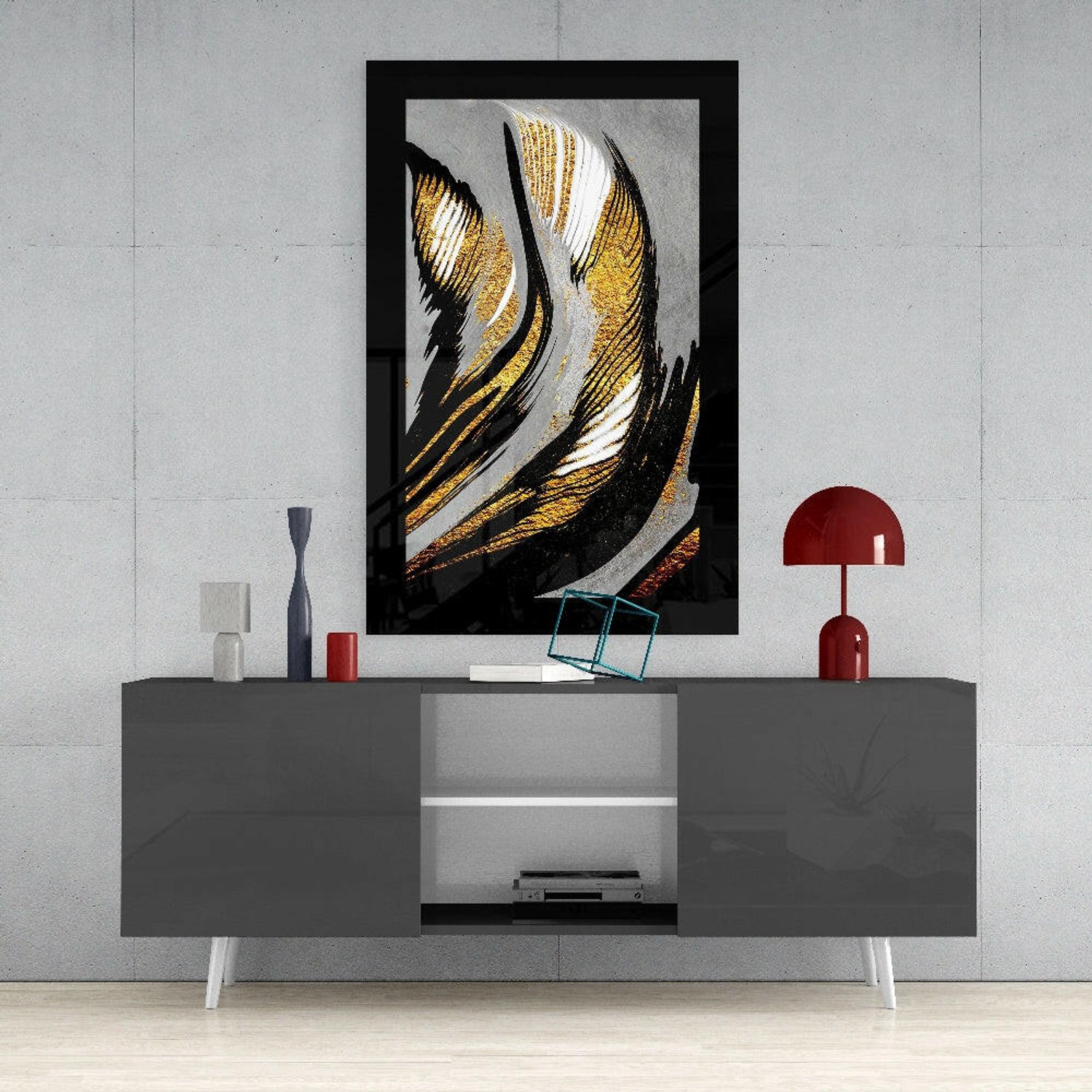 Glasschilderij – Goud-Zilveren Penseelstreken en Krul – Moderne Kunst aan de Muur