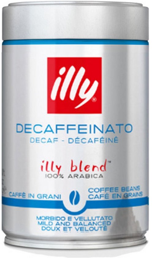 Zilverkleurig illy koffieblik voor cafeïnevrije bonen met rood logo en blauwe accenten.