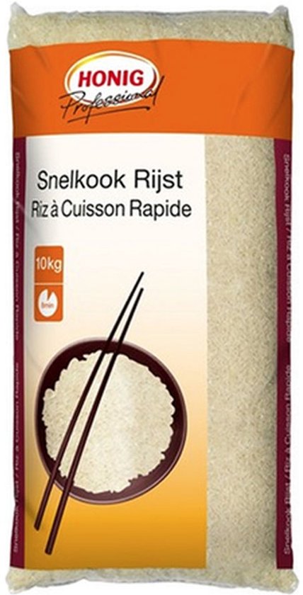 Honig snelkookrijst in een zak van 10 kg met een kom rijst en eetstokjes op de verpakking.