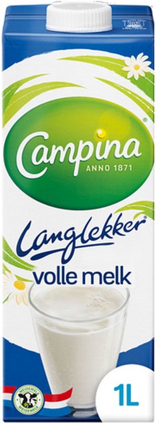 Pak Campina Langlekker volle melk met groen logo, witte dop en glas melk, 1 liter.