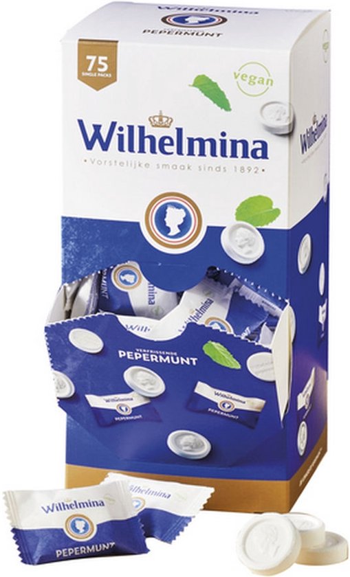 Displaydoos met 75 individueel verpakte Wilhelmina pepermuntjes, wit met blauwe details en koninklijk embleem.