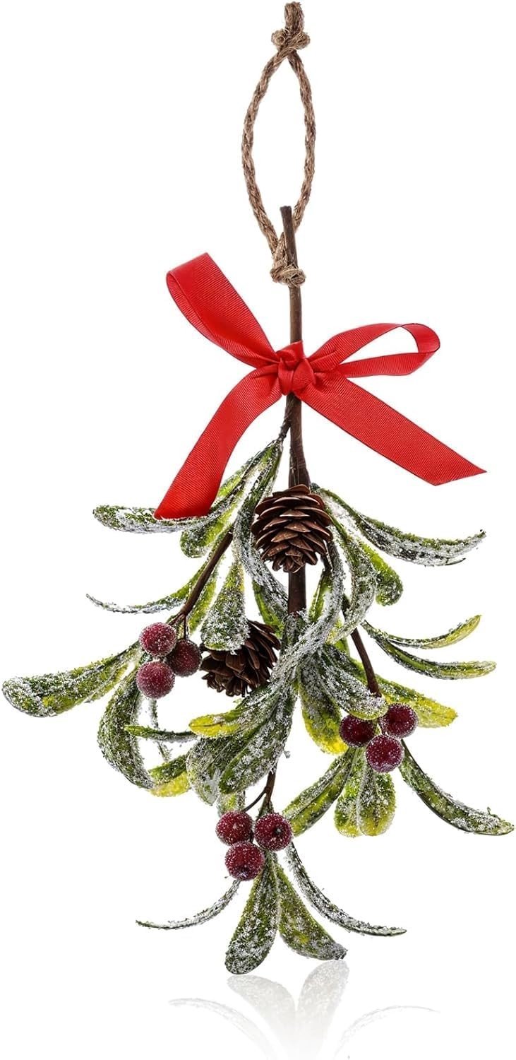 Kerst Mistletoe Tak Versiering, 26cm Kunstmatige Mistletoe voor Ophangen, Decoratie met Rode Strik voor Deur en Boom, Feestelijke Kerstdecoratie