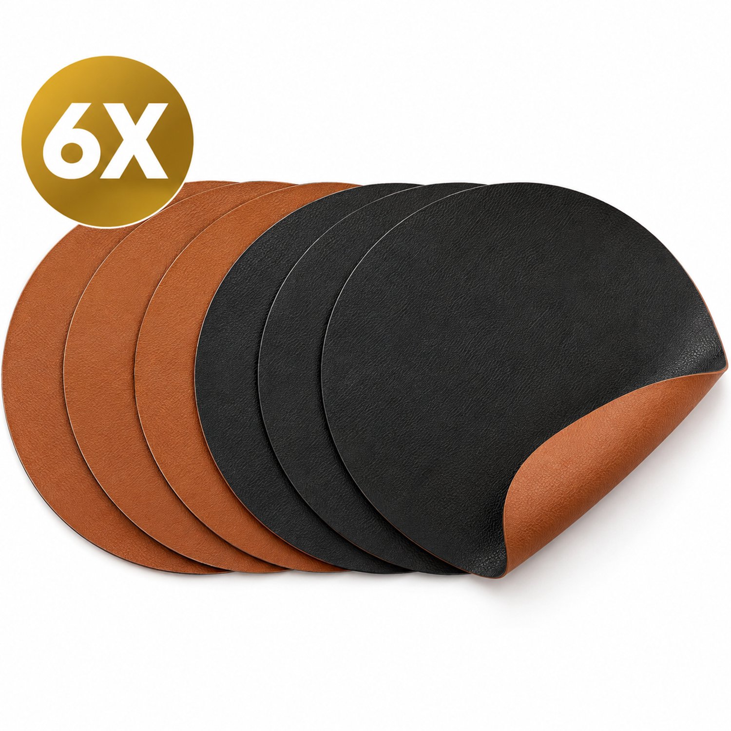 DIVERZA Ronde Placemats – Onderleggers – Set van 6 – Zwart/Bruin – Ø 38 cm – Dubbelzijdig