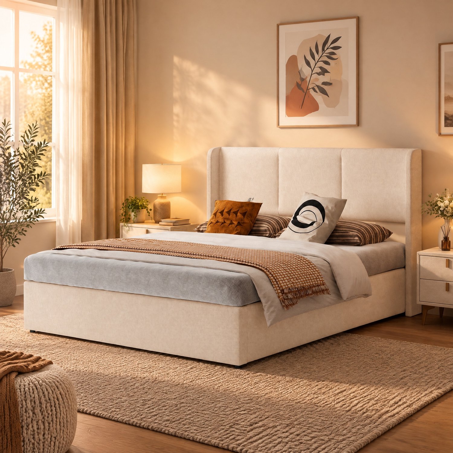 Gestoffeerd bed 160x200 cm met Opbergruimte – Boxspringbed Tweepersoonsbed met Lattenbodem en Hoofdbord – Linnen Beige – Zonder Matras