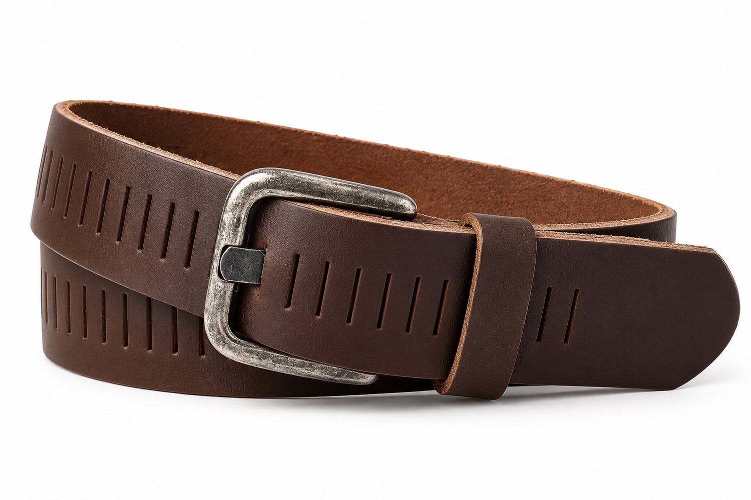 Bruine Leren Riem Dames & Heren met Fijne Gleufjes – 4 cm Breed – Stoere Jeansriem van Echt Buffelleer- Maat105 (totale lengte 120) Broekriem - Donkere Gesp