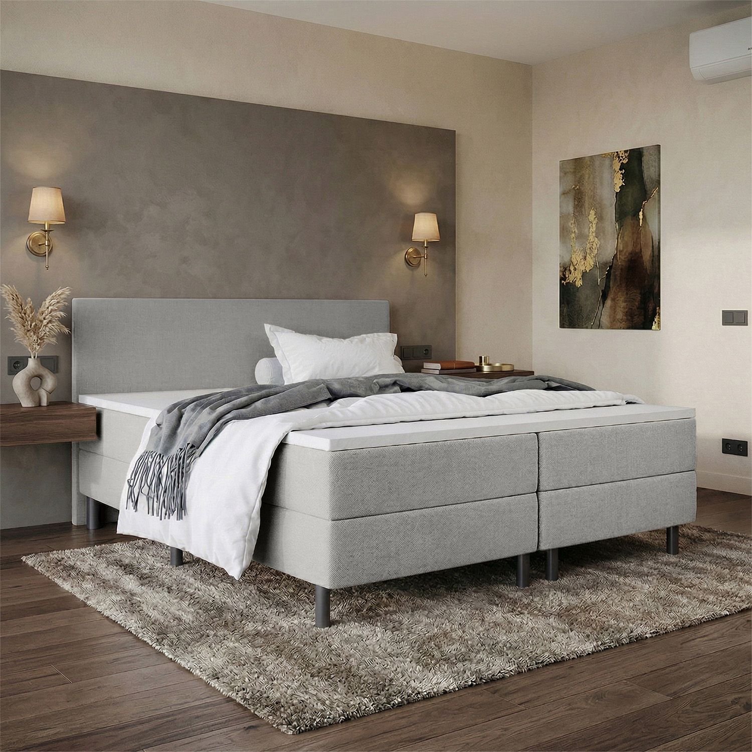 Boxspring Bravo - Luxe pocketvering - 180x220 cm - Stof Grijs - Compleet inclusief Topmatras