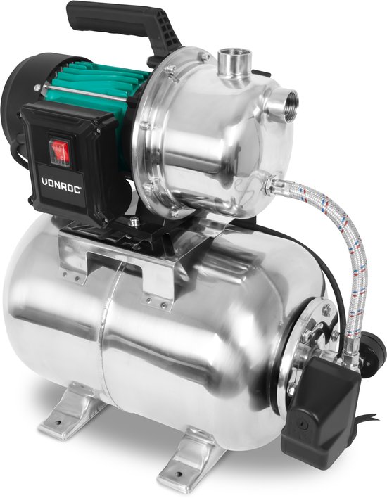 VONROC hydrofoorpomp met glanzende 24L RVS tank, groen-zwarte motor en zwarte handgreep.