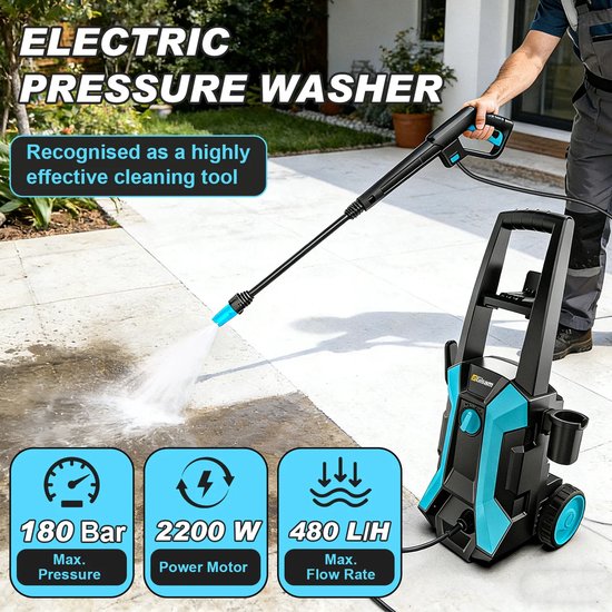 Hogedrukreiniger – 2200 W – 180 bar – 480 L/u – 8 m Hogedrukslang – Schuimsproeier – Draaibare Spuitmond – Hogedrukspuitpistool – Voor Auto, Hekwerk, Terras, Tuin en Oprit — afbeelding 4