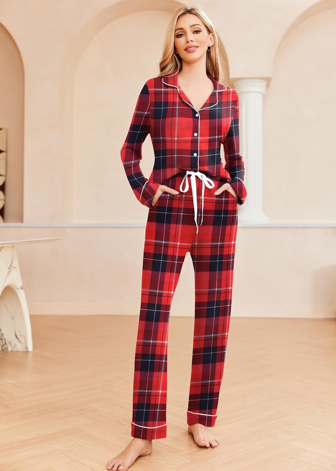 Damespyjama Set - Kerstruit - XL - Zachte Pyjama met Lange Mouwen en Knoopsluiting - Voor Dames