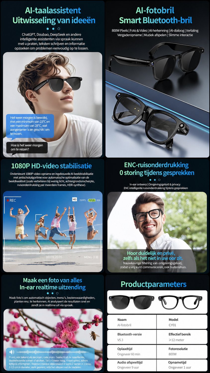 Camerabril - AI Bril met Camera - AI Smart Glasses met Camera – Met App - Slimme Bril met AI Assistent, Live Vertaling, Beeldherkenning, Foto & Video, Spraakbediening en WiFi – Zwart — afbeelding 2