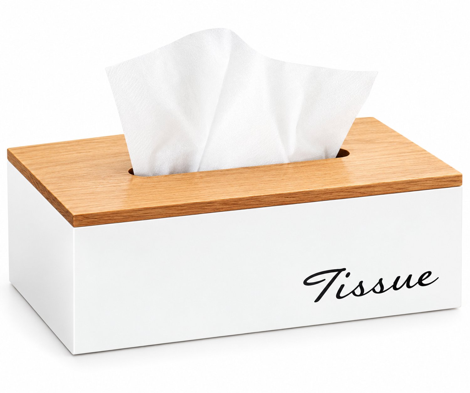 Witte tissuebox van hout in met naturel houten deksel met de tekst " Tissue "