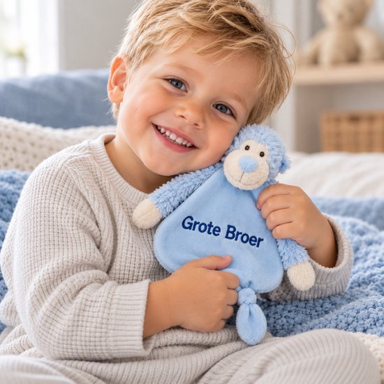 Knuffeldoekje Grote Broer – Zwangerschapsaankondiging – Aankondiging Baby – Cadeau voor Grote Broer – Blauwe Aap — afbeelding 2