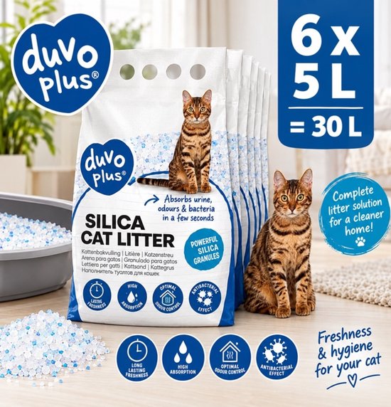 Zes zakken Duvo+ silica kattenbakvulling (30L totaal) met bruine tijgerkat, witte verpakking en blauwe accenten.
