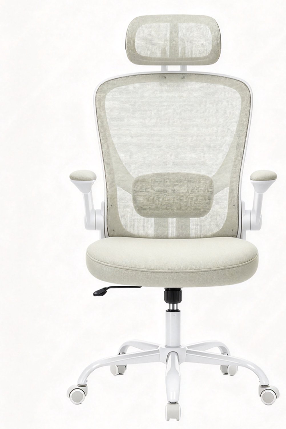 Bureaustoel Ergonomisch 64 x 64 x 115-130 cm, Verstelbare Kantoorstoel Met Lendensteun En Hoofdsteun, Kantelfunctie, Opklapbare Armleuningen, Ademend Mesh, Draaistoel Voor Kantoor Slaapkamer Werkplek, Cappuccino Beige