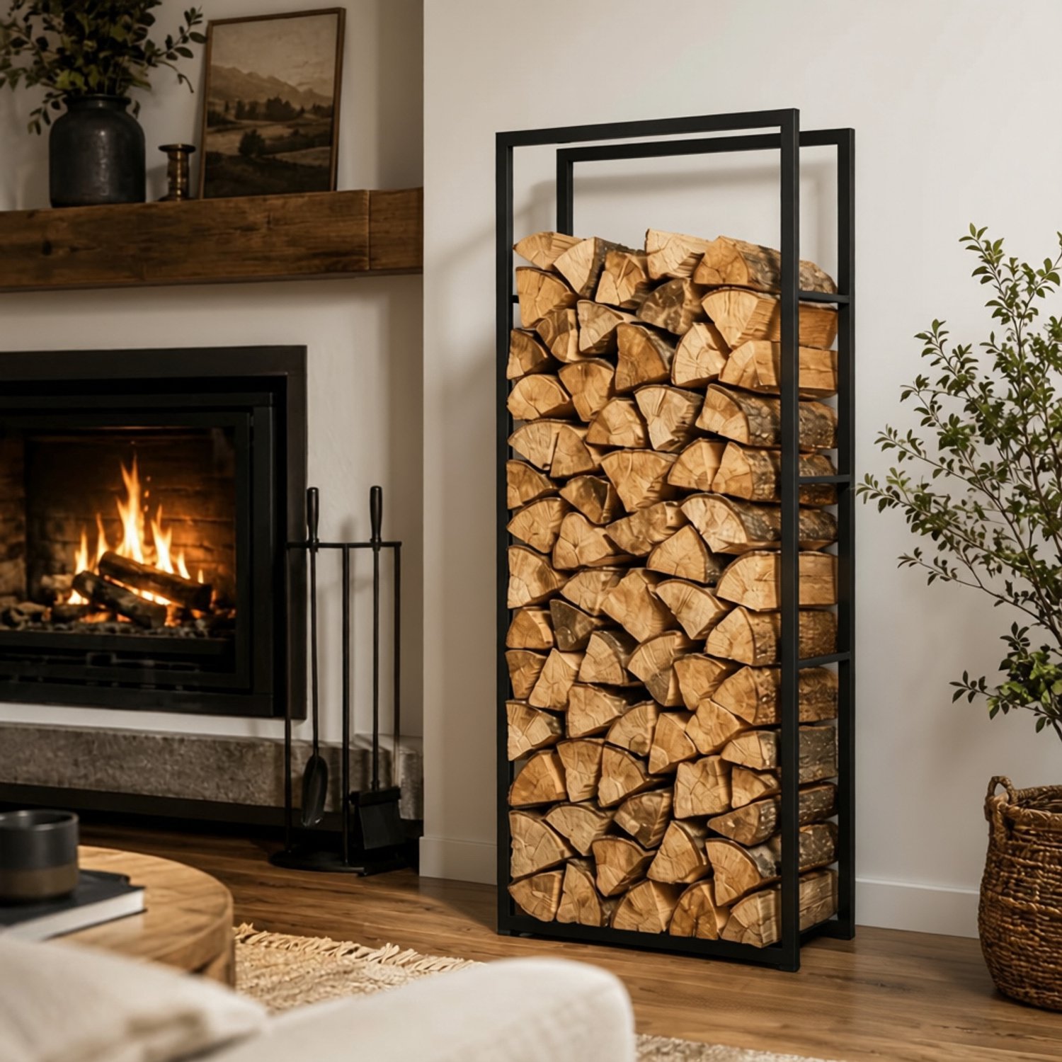 Zwarte metalen haardhoutopslag brandhoutrek houder-maximaal 250kg-150x60x25 cm.