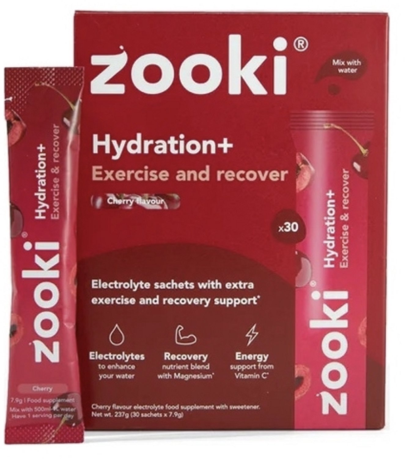 Zooki Hydration+ Exercise and Recover Cherry Flavour 30 x 7.9 Gram Sachets