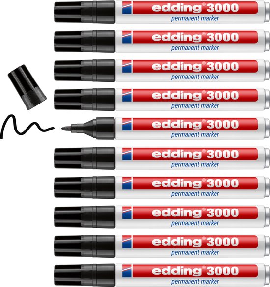 Tien zwarte edding 3000 permanente markers met ronde punt, inclusief losse dop en een getekende zwarte lijn.