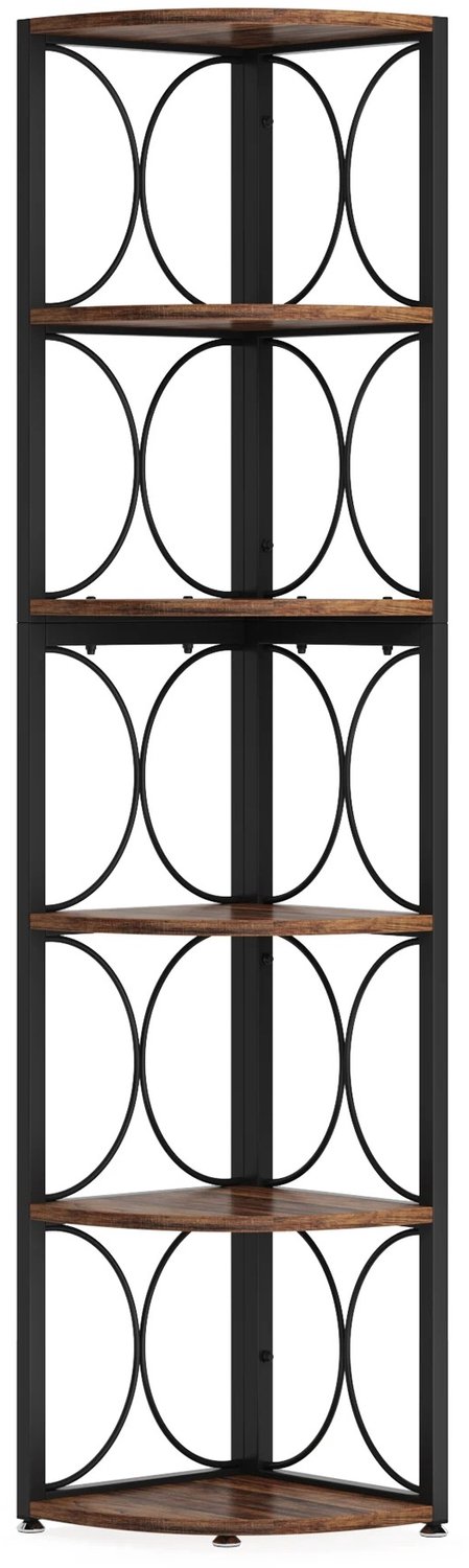 MokoHub Rustieke Hoek Boekenplank - 6-Tier - Hoge Hoekplank - Opbergrek Staande Planken - 32x32x170 cm - Zwart/Bruin