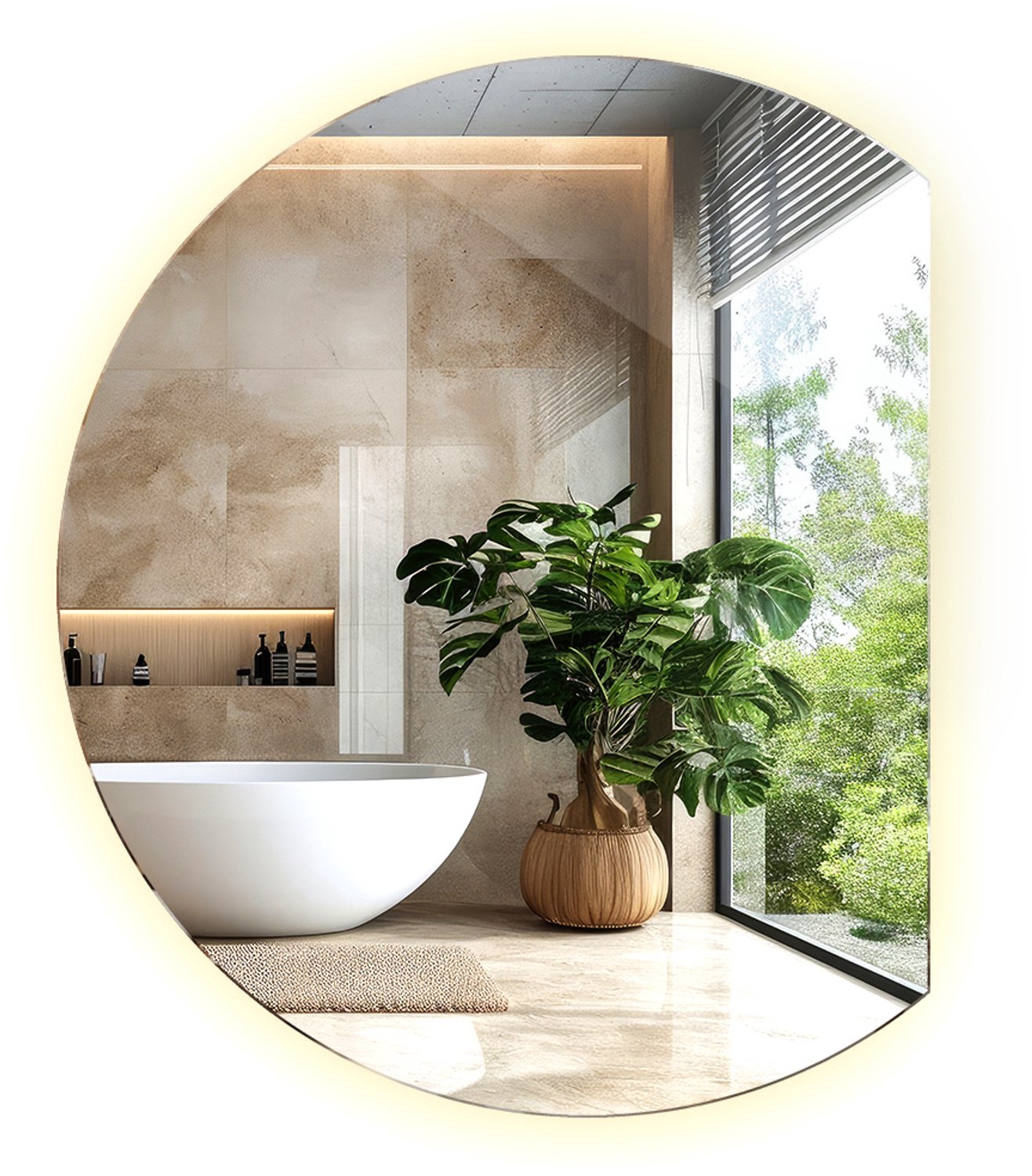 WallMuralia - Asymmetrische spiegel met verlichting - 63 x 70 cm - Ronde bijgesneden spiegel - Ronde spiegel afgesneden - Decoratieve wandspiegel
