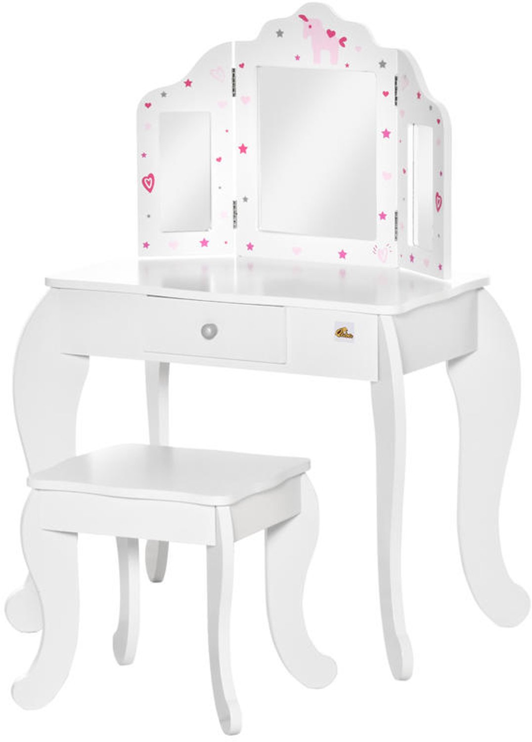 Klarven Kinderkaptafel Wit - Kindertafel Met Kruk - Make-uptafel Kinderen - Dressing Table - Drievoudige Spiegel - Met Lade - B63xd40xh85,5cm