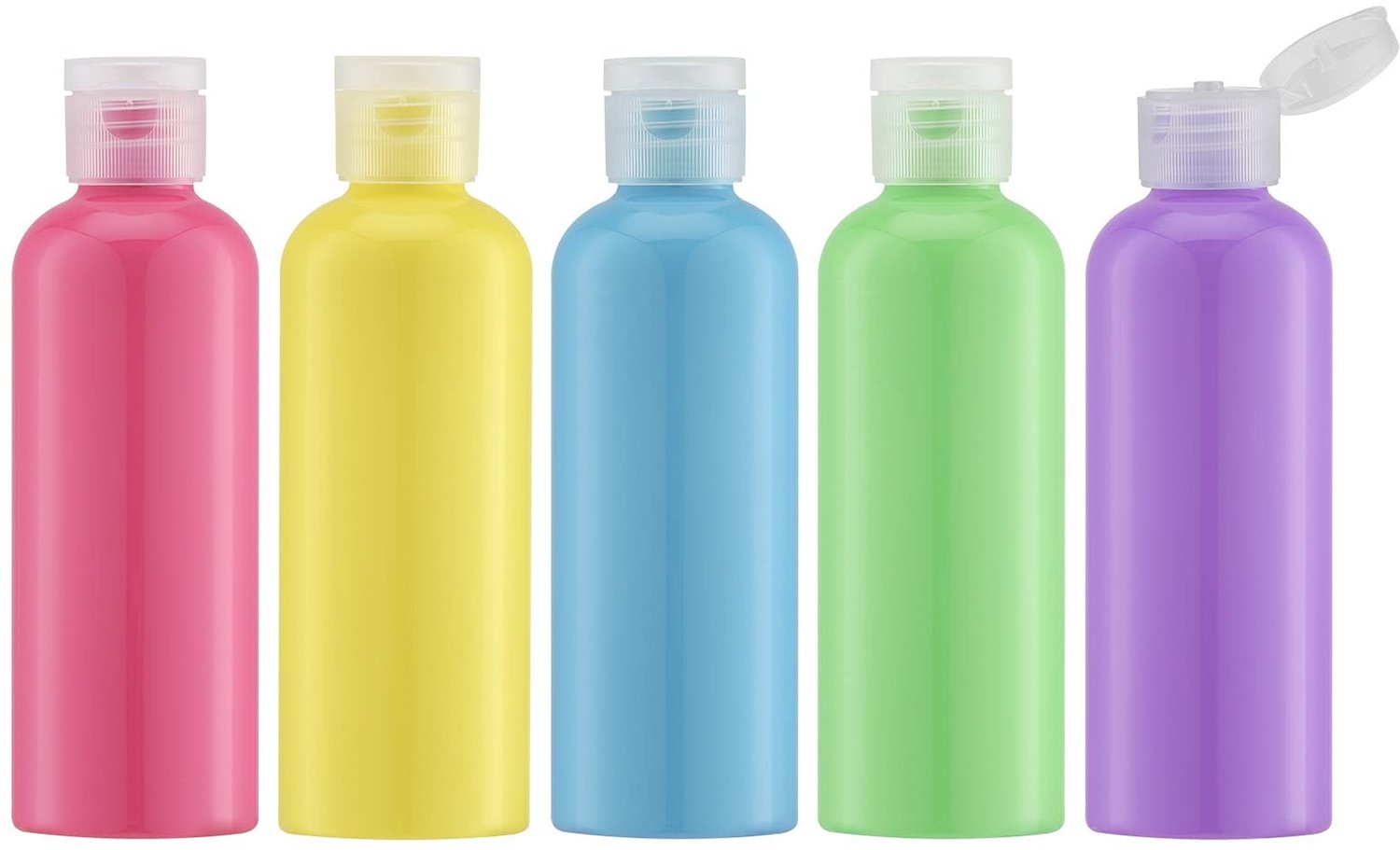Set van 5 Multi-Colour 100ml Refillable Travel Flessen met Flip Cap