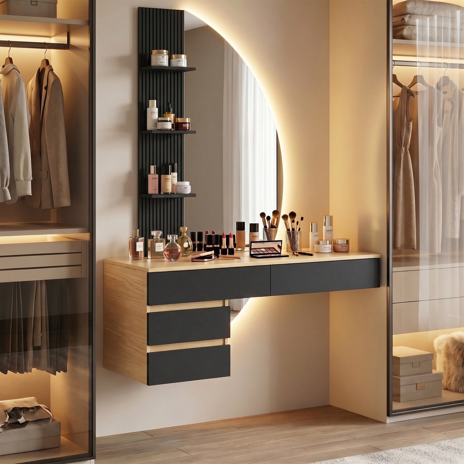 Devoko Zwevende Kaptafel met Spiegel en Siliconen LED-lichtstrip – 3 Lichtkleuren – 4 Laden en 3 Open Opbergvakken – 106 × 40 × 143 cm – Zwart