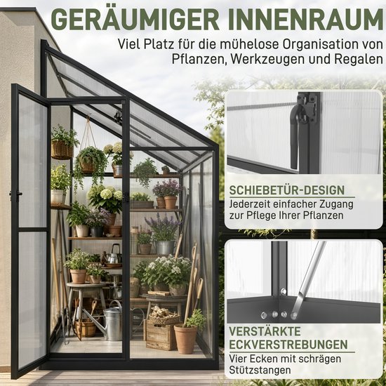 Kas met 'Ruime binnenruimte', 'Schuifdeur-design' en 'Versterkte hoekverstevigingen' tekst.