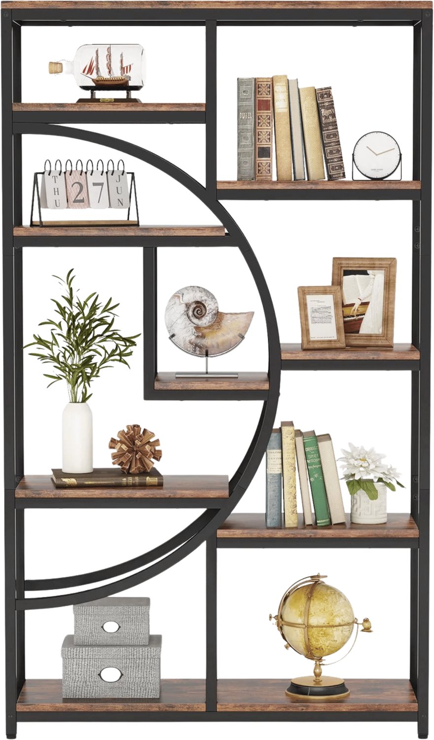 Homezo boekenkast - Open kast met planken - Industrieel - 9 vakken - Boeken, planten, decoratie - Geometrisch ontwerp - 95x30x175 Bruin, zwart