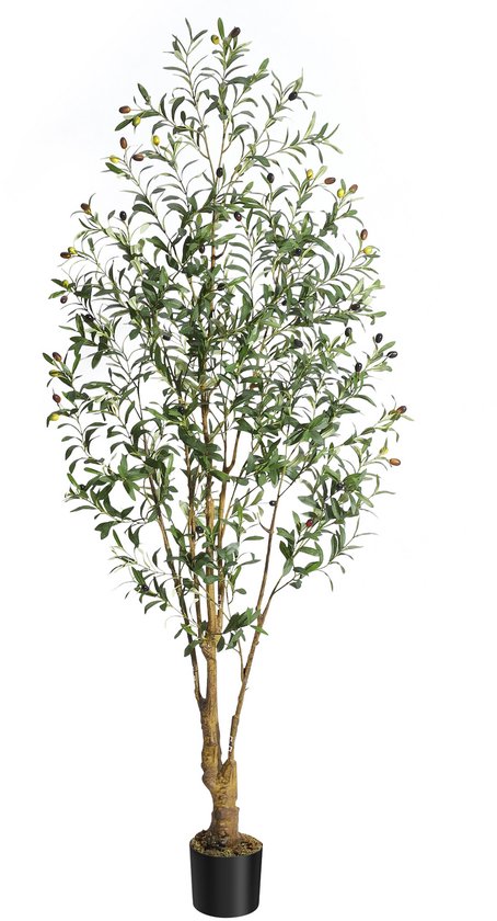 Kunstmatige olijfboom met groene bladeren en olijven, staand op een witte achtergrond.