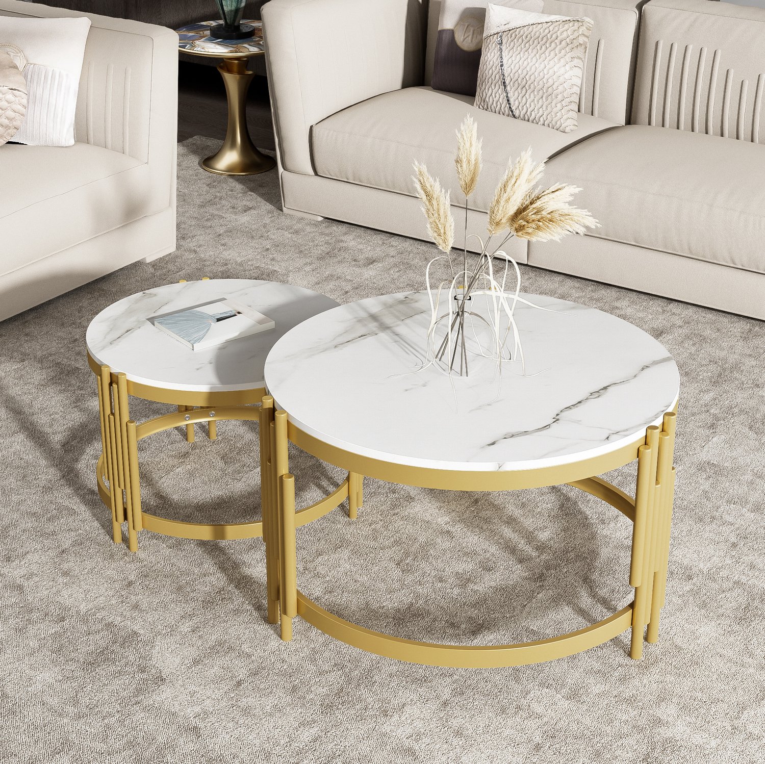 CHICFURN Salontafelset - Nestbaar - 2-delig - Rond - Antiek messing en wit Wit en antiek messingkleurig