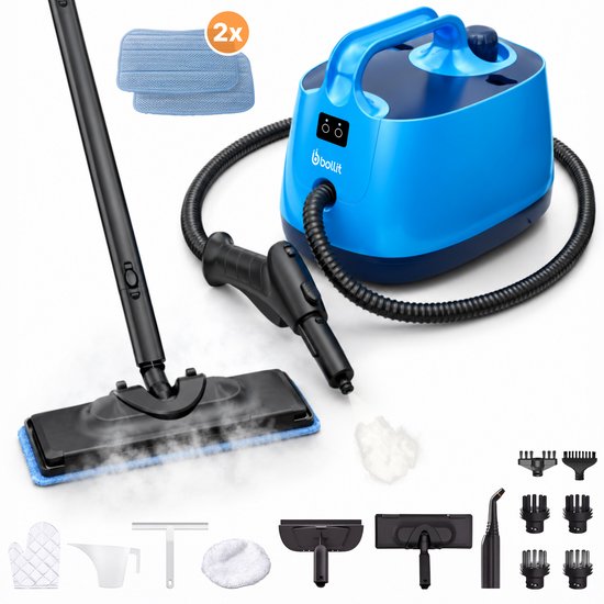 Blauwe Bollit stoomreiniger met zwarte steel, stoommondstuk en diverse accessoires, waaronder twee blauwe microvezelpads.
