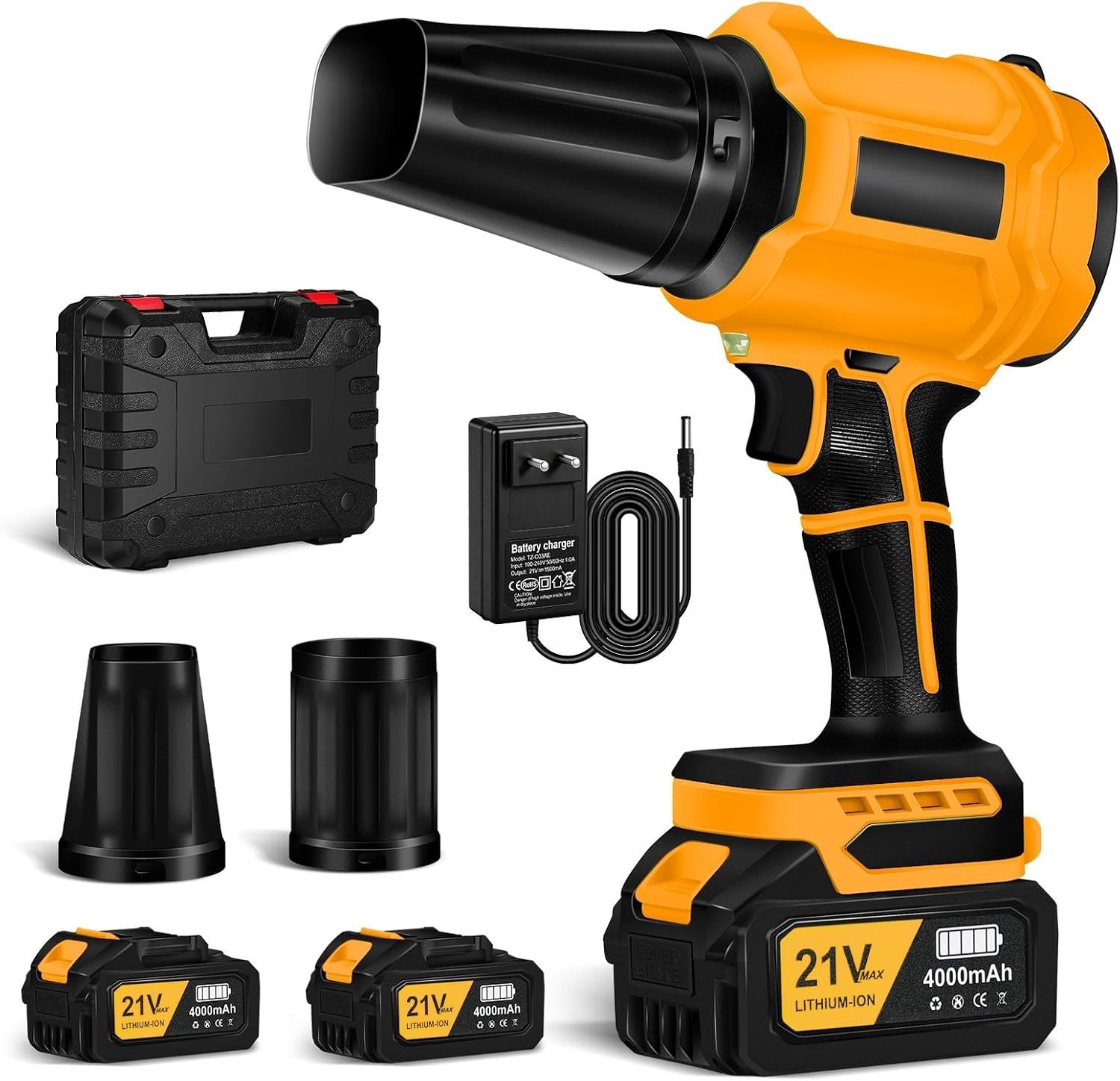 Krachtige Accu Bladblazer met 2 x 4.0 Ah Batterijen, 800.000 RPM, 65 m/s Luchtsnelheid voor Bladeren, Stof en Sneeuw Verwijderen