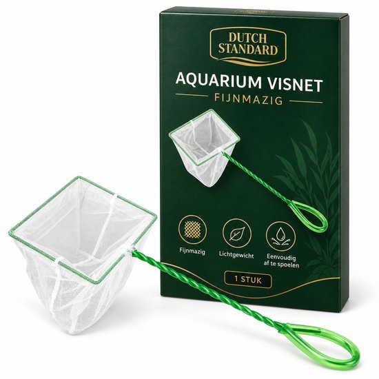 Verpakking van Dutch Standard aquariumvisnet met een wit net en groen handvat. Tekst op doos: AQUARIUM VISNET FIJNMAZIG.