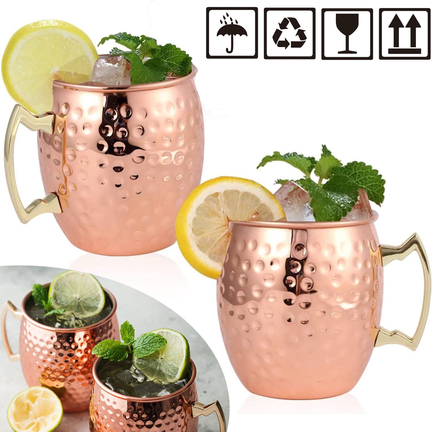 530ml Koperen Moscow Mule-Bekers - Set Van 2 Cocktailbekers - Cocktailbeker Met Koperen Hamerfinish - Voedselveilig