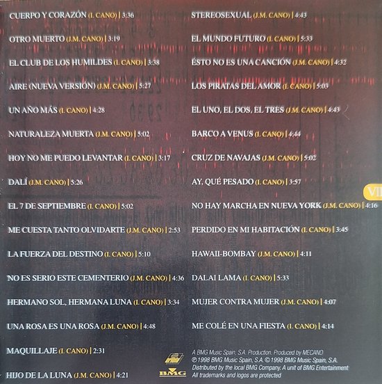 Dos de l'album affichant la liste des 30 titres de Mecano sur un fond rouge et noir.