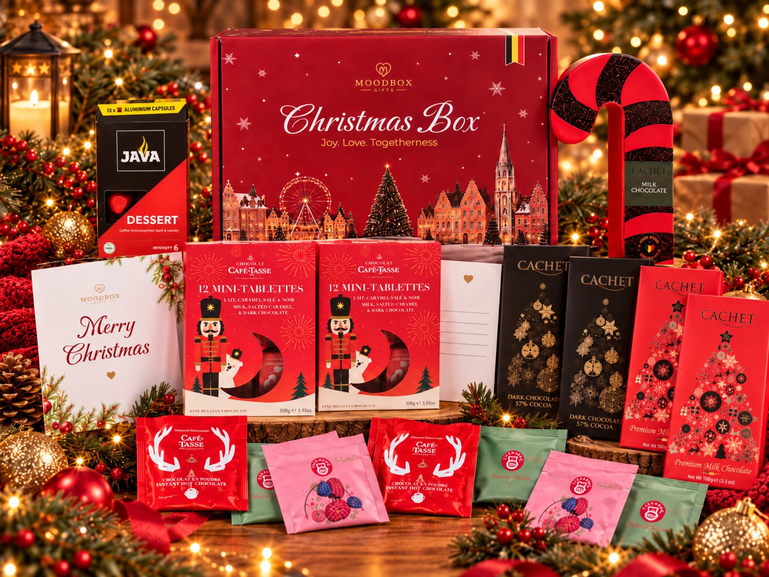 Luxe kerstcadeaubox – Belgische chocolade, koffie, thee & lekkernijen – Gepersonaliseerde wenskaart – Moodbox Gifts – Christmas Box Prestige