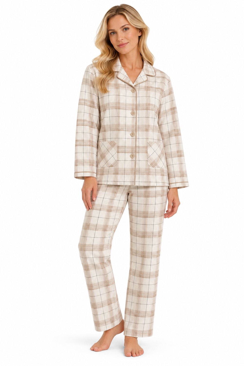 Cocodream - dames pyjama flanel - doorknoop - taupe geruit - maat S