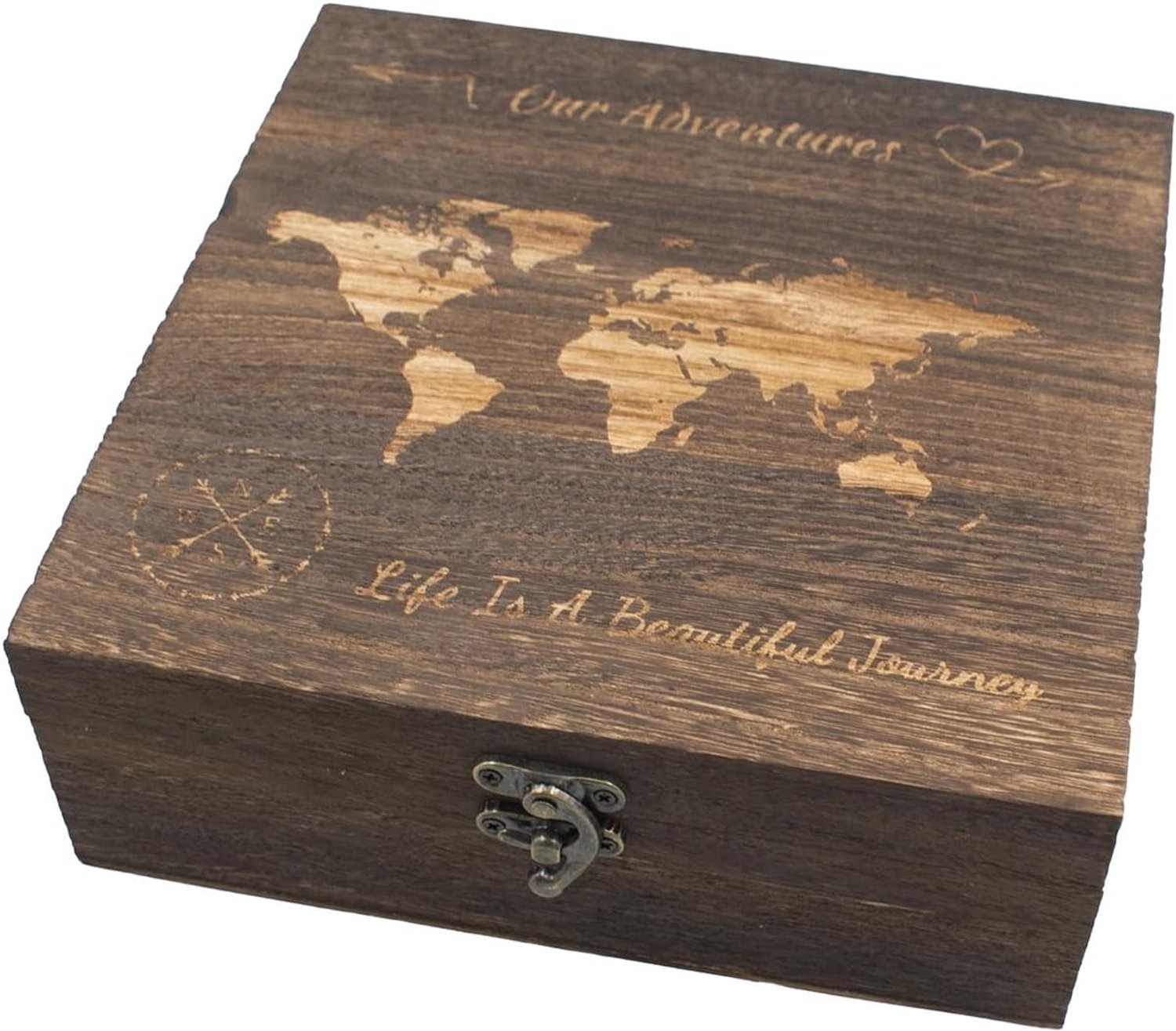 Avontuurlijke Houten Herinneringen Box met Wereldkaart en Deksel - Decoratieve Opbergdoos voor Cadeaus, Archivering en Bewaren - 19.5 x 19.5 x 7 cm