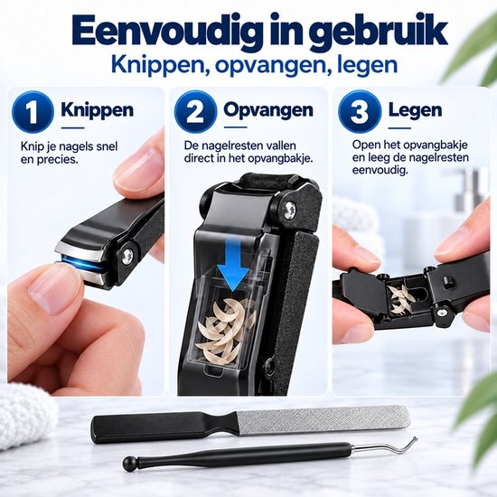 Stappenplan voor BZNDR nagelknipper: 1. Knippen, 2. Opvangen in bakje, 3. Eenvoudig legen.