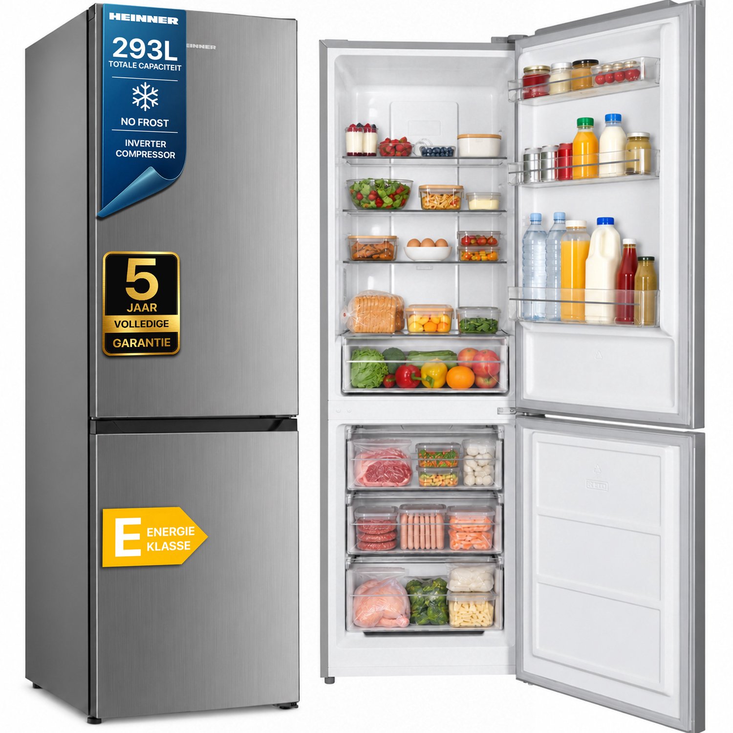 Heinner HCNF-HM293INVXE++ Koel-vriescombinatie 293 L – No Frost – Inverter Motor – Elektronische Bediening – Omkeerbare Deur – RVS – 5 Jaar Garantie
