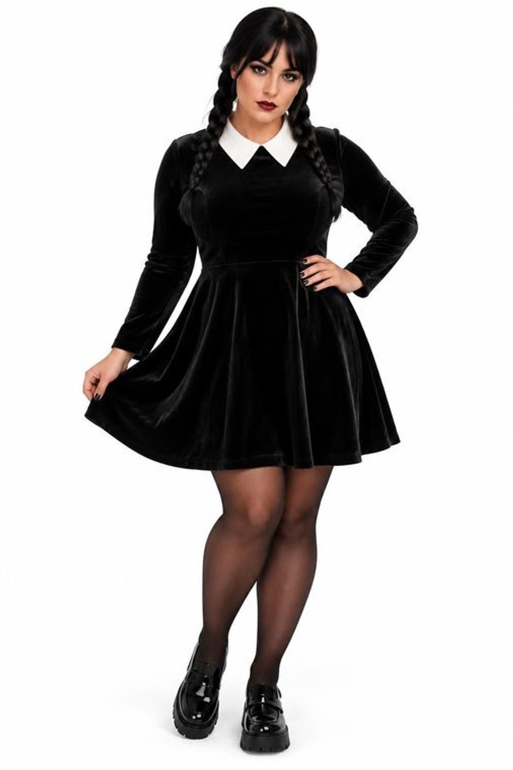 Dames Halloween Jurk Zwart – Premium Fluweel – Witte Kraag – Plus Size 3XL-4XL – Maat 48-52