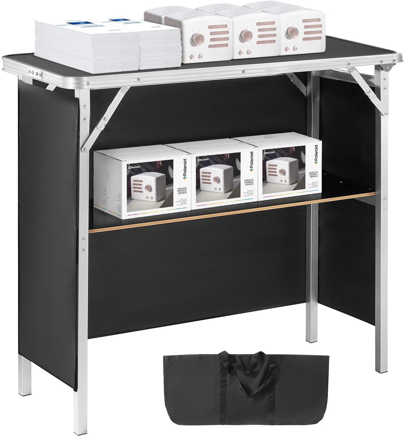 Sellino Opvouwbare bartafel - Met Opbergplank - Presentatietafel - Draagbare balie - Event tafel - Zwart - Belastbaar tot 50Kg