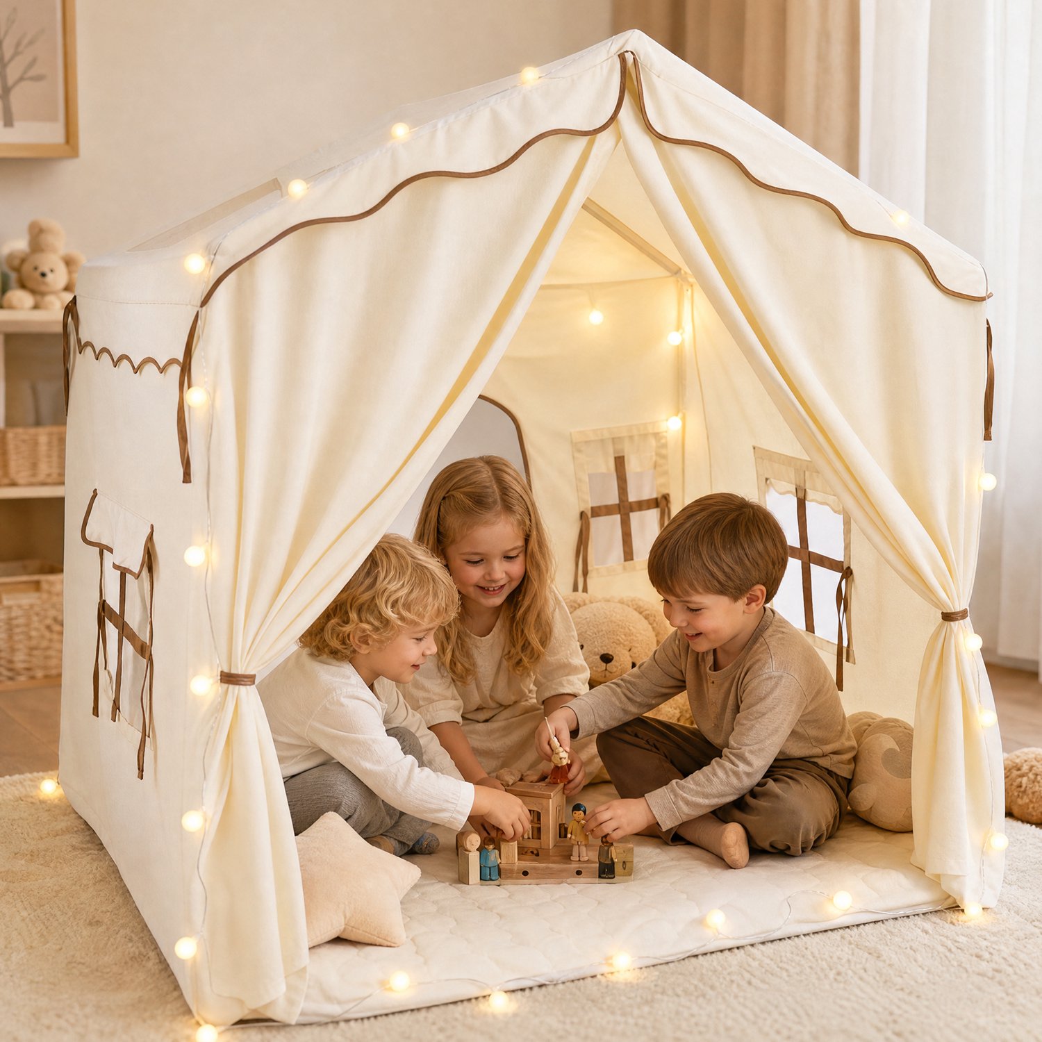 Speeltent Voor Kinderen - Speelhuisje - Kinder Speelhuis - Kindertent - 130x130x90cm - Zachte Mat & Sfeerverlichting & Vlaggen - Dubbele Deur & Vier Ramen - Veilig & Ventilatie - Ruime Speelruimte - Voor Rollenspellen & Lezen