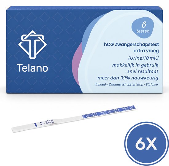 Verpakking van Telano zwangerschapstest met 6 strips en 1 teststrip in de voorgrond.