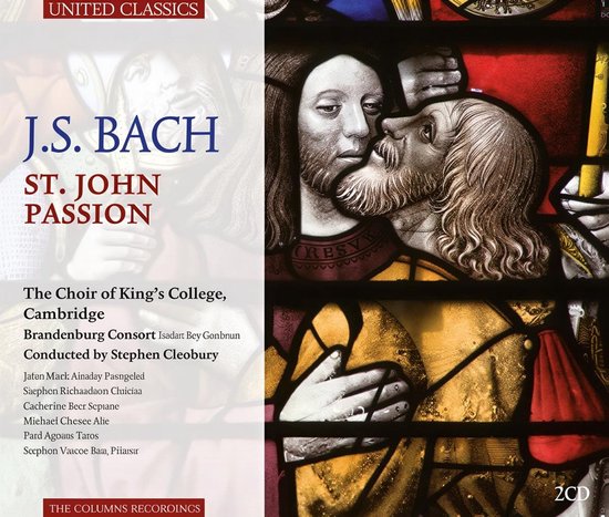 Cd-hoes J.S. Bach St. John Passion met een glas-in-loodafbeelding van de kus van Judas.